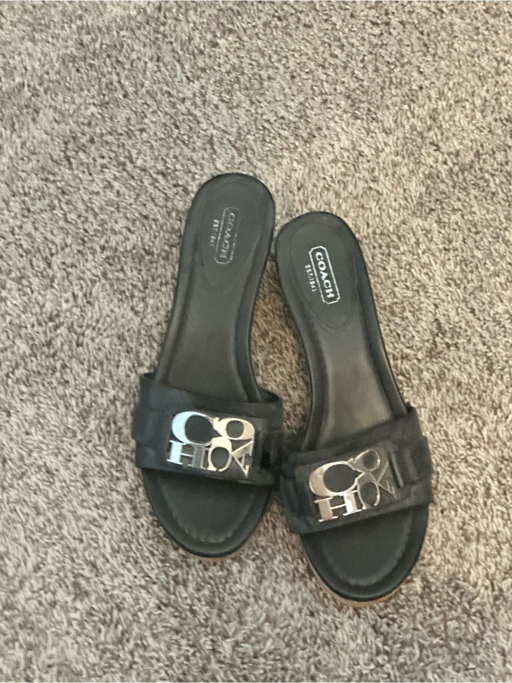 Coach Black Slide Sandals with Silver Logo Detail